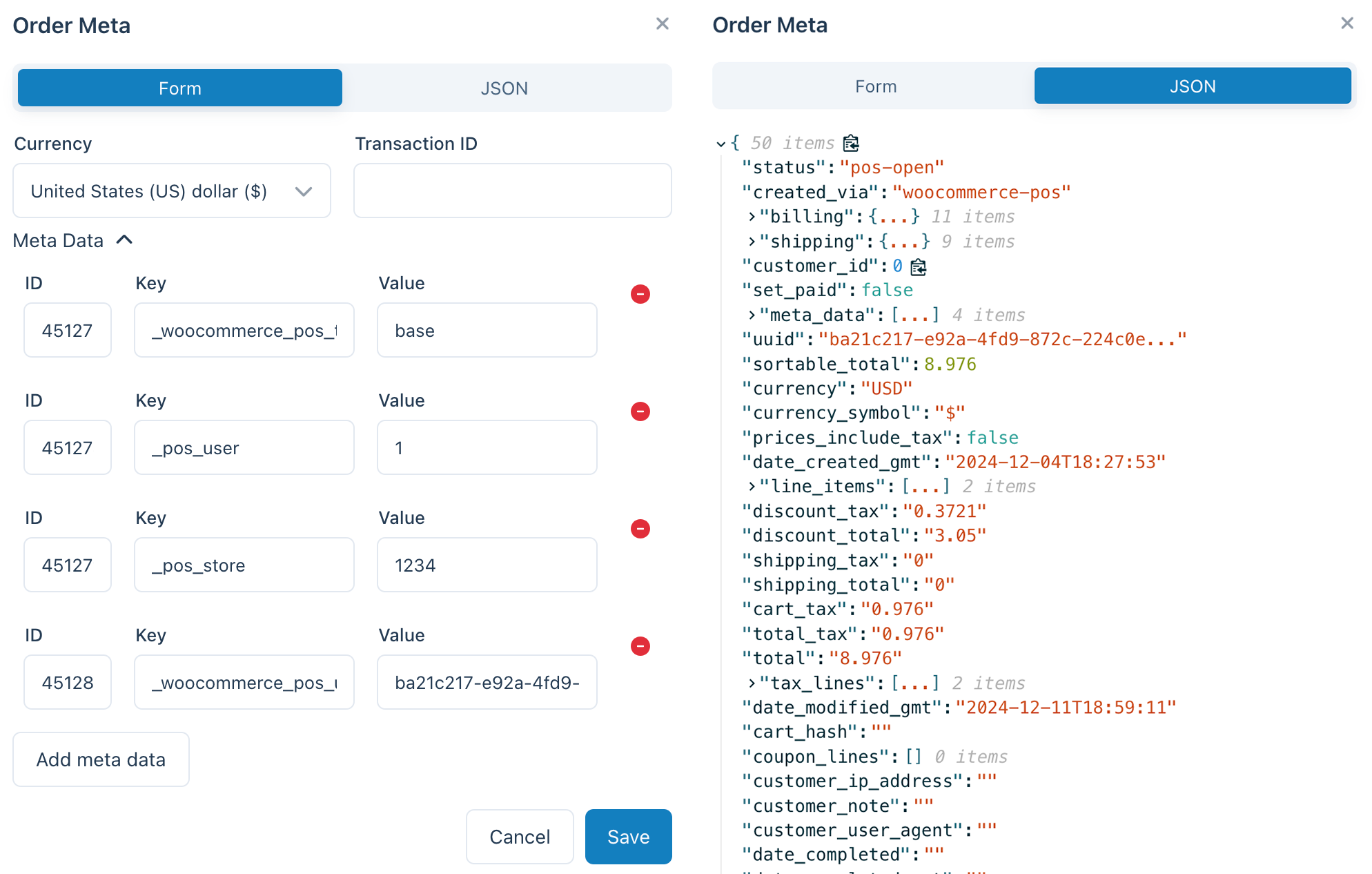 Order Meta and JSON View in the POS